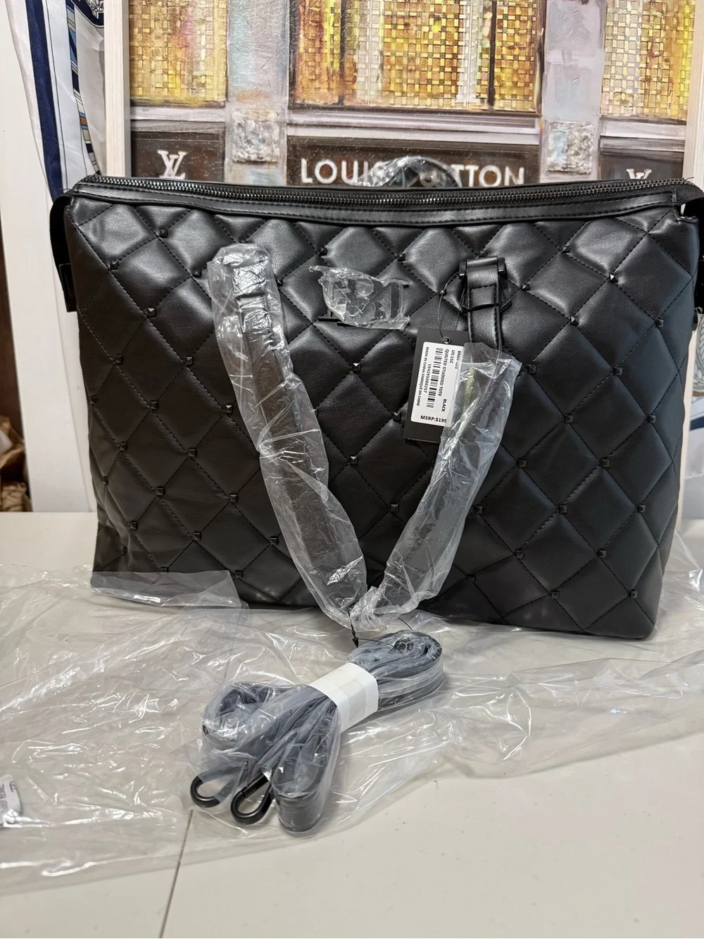 Badgley Mischka Quilted Black Leather Tote Bag